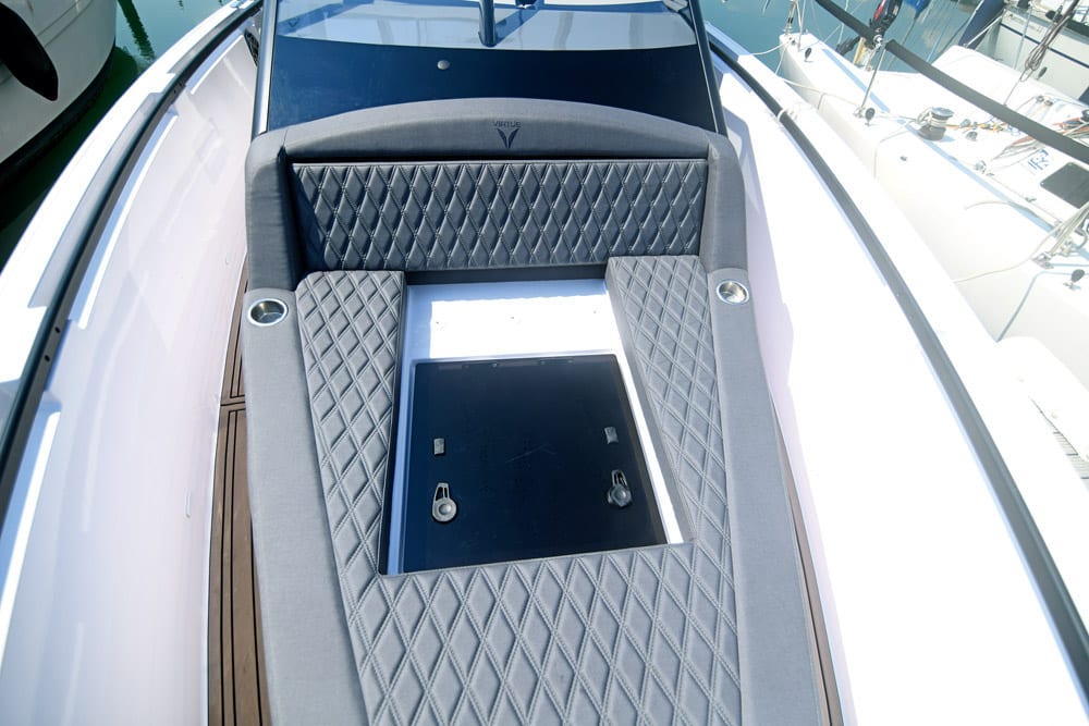 Virtue V10 Boat test. Escape hatch access means removing part of the forward sunbed.
