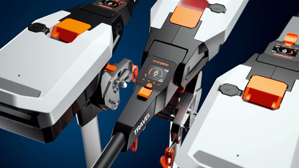 Torqeedo Travel Outboards. Note the QD battery and the GPS-enabled engine display.