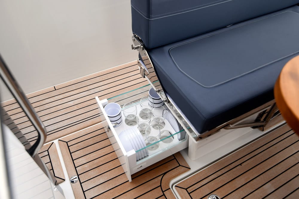 Bespoke crockery storage under the seating.