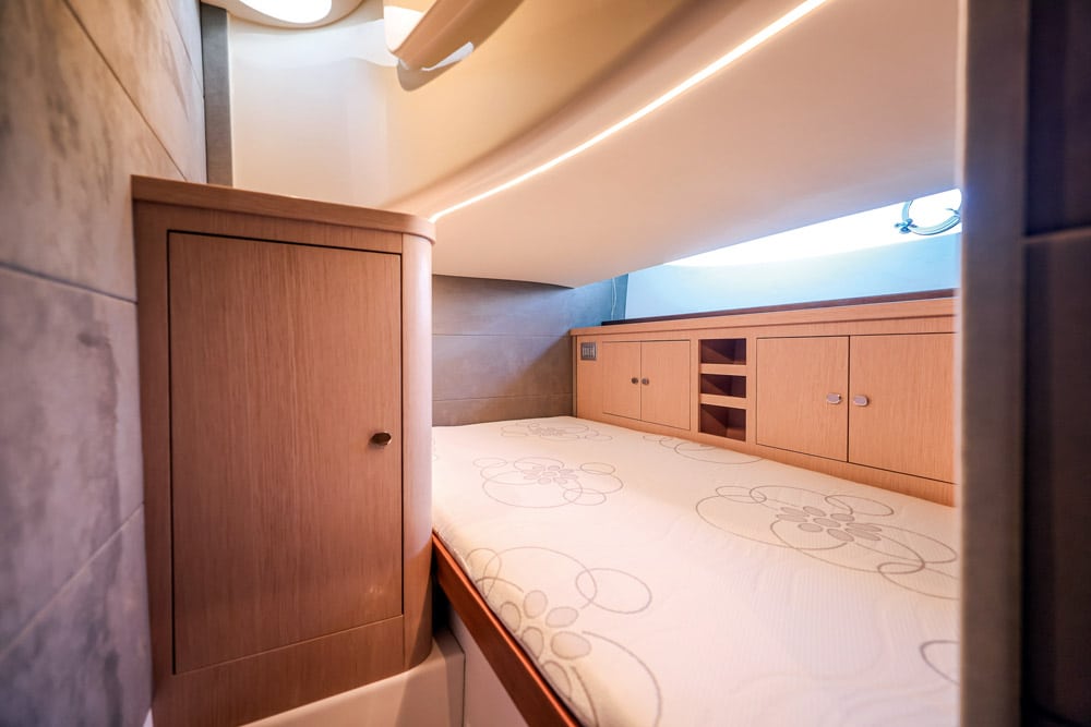 The double bed in the port-side guest cabin