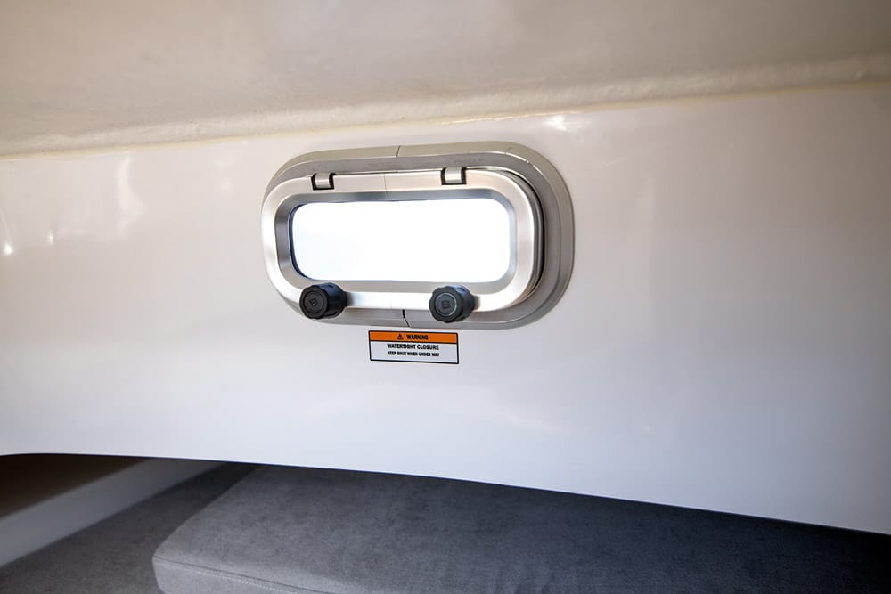 The only porthole below is forward facing – good for ventilation underway.