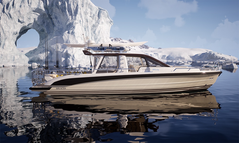 Solace expedition chase boat floating near polar ice formations, equipped for adventure.