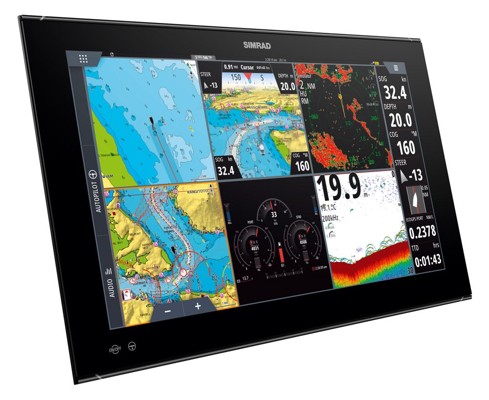 Simrad NSOevo3S widescreen display showing multi-panel charts, sonar, radar and engine data for advanced vessel monitoring and navigation.