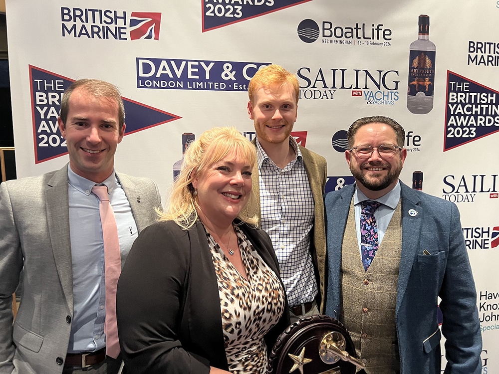 Ocean Village Marina Team L-R James Bills, Ben Bourne and Lauren McCann with Sales and Marketing Director Tim Mayer LR