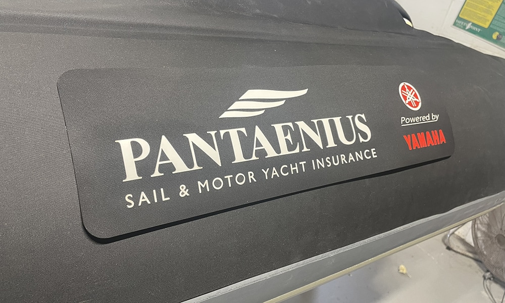 Pantaenius' logo with Yamaha branding displayed on the side of the 7.5m RIB by Island RIBs.
