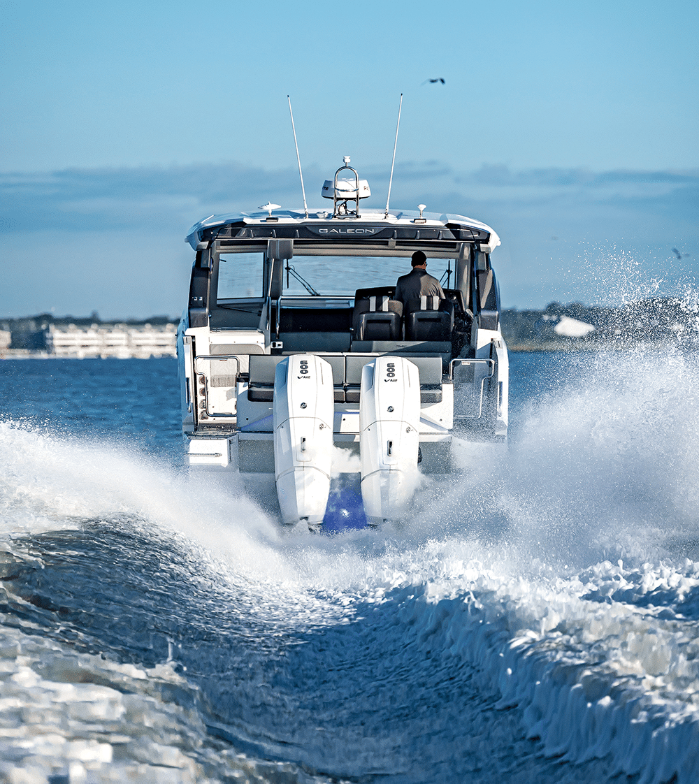 Engine options: 3 x 300hp Mercury Verado, 3 x 450hp Mercury Verado or 2 x 600hp Mercury V12 outboards
