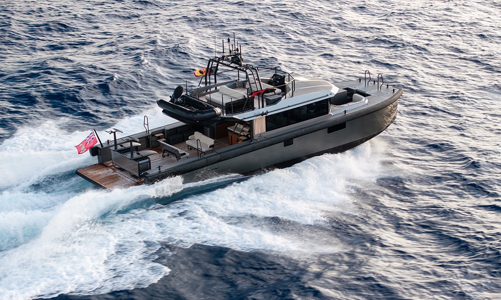 Vandal 60 chase boat voyaging at speed.