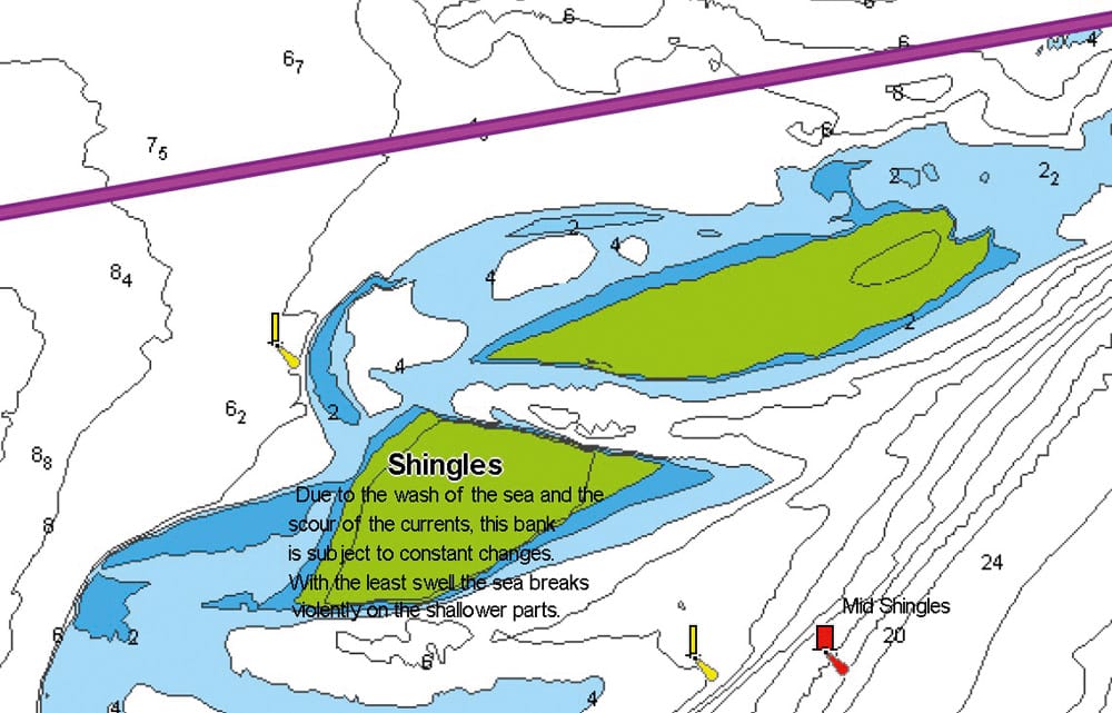 Routes generated by the auto route feature may offer enough depth but don’t necessarily apply good decision-making to the route chosen. In this case, the route passes far too close to an area of shallow water, and also from deep water to shallow water, when this change of depth could be avoided