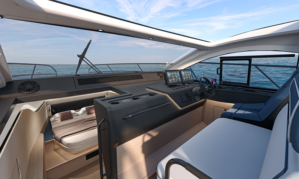 Interior helm of Beneteau Gran Turismo 40 Coupe with digital displays, wraparound windows and a berth below deck.