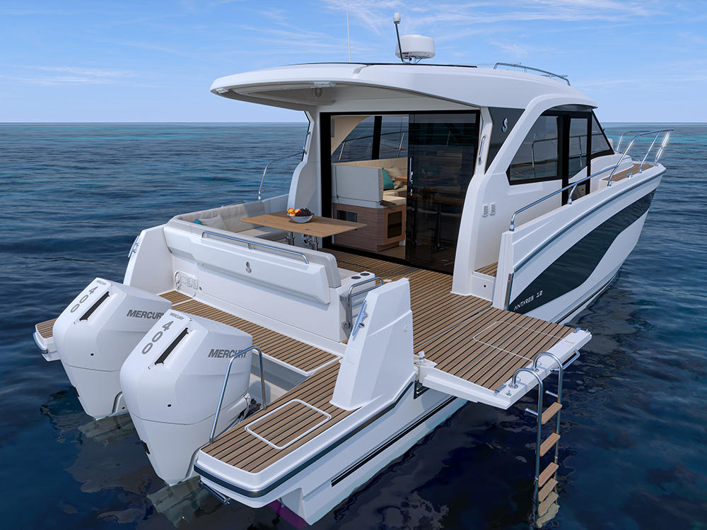 Aft view of Antares 12 Coupe featuring twin Mercury 400 outboards, fold-down terrace, swim ladder, and open-plan cockpit with dining area.