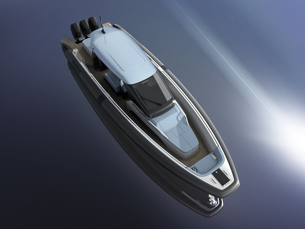 Top view of the PIRELLI 47 maxi-rib with hard top, sunbed and triple Mercury outboards.