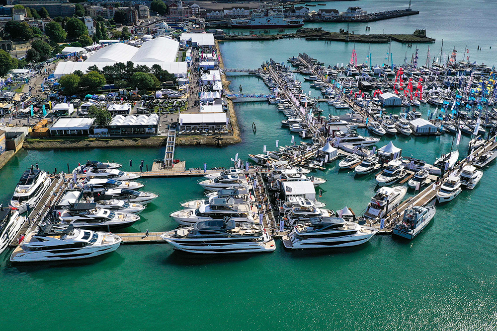 Drone picture of harbour with boats lined up at SIBS