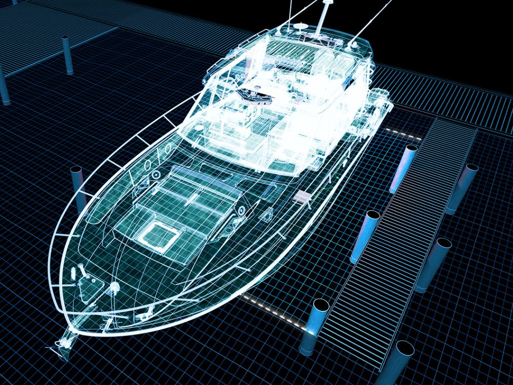 3D visual of a motorboat using Simrad AutoCaptain for autonomous docking between marina pontoons.