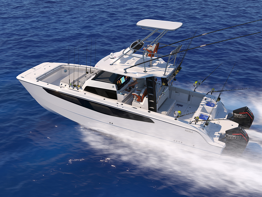 Aquila 36 Molokai twin-engine power catamaran cruising at speed offshore, equipped with fishing rods and Mercury 300 outboards.