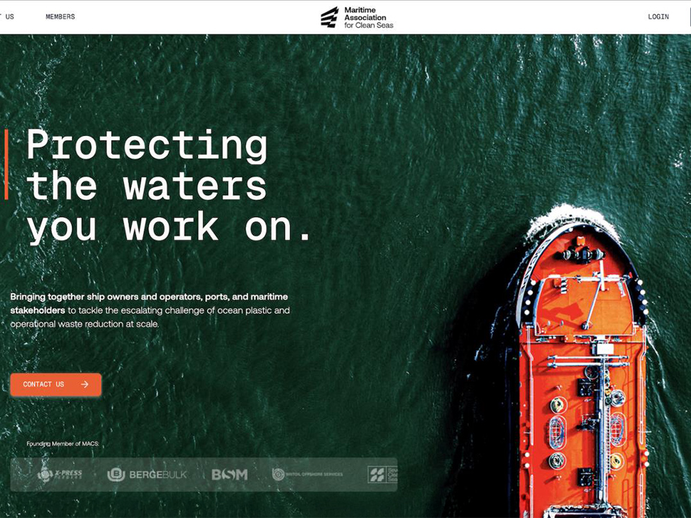 Homepage of Maritime Association for Clean Seas website, showing aerial view of a working vessel on deep green water.