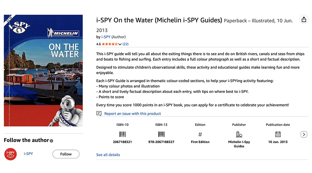 screenshot of Amazon's listing of I-SPY on the water book