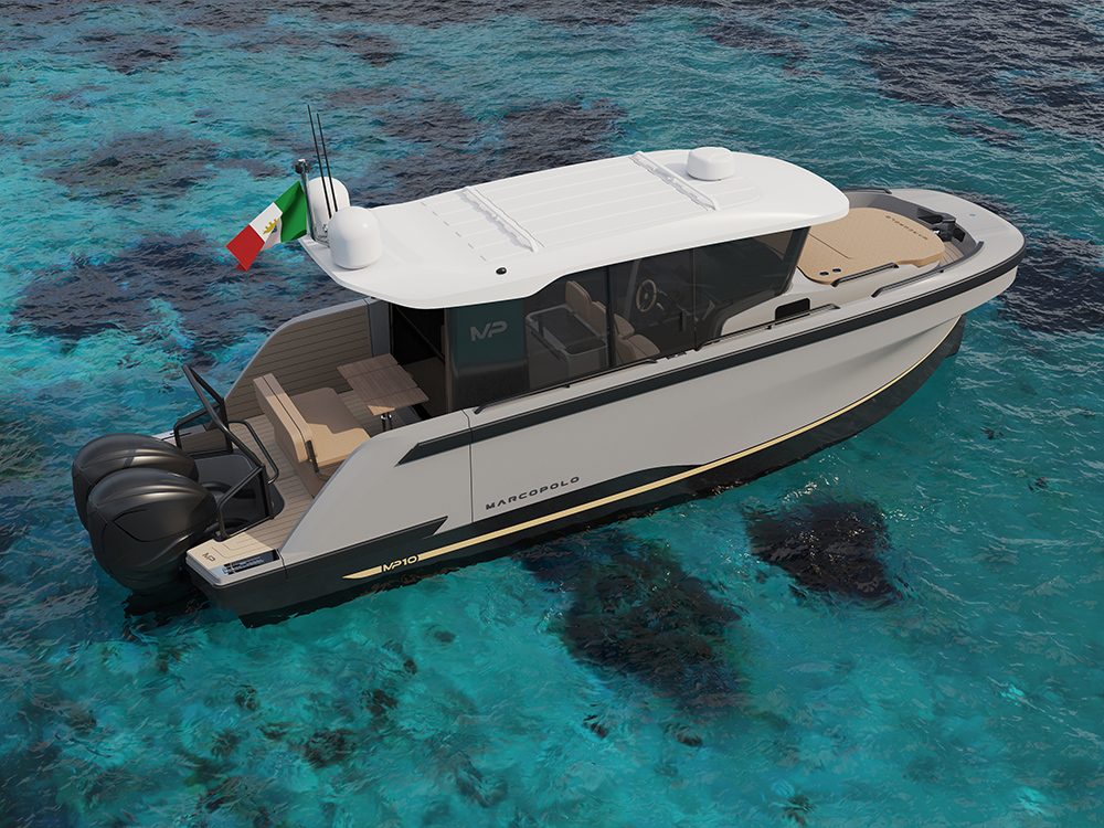 Marcopolo MP10 adventure yacht with twin outboards cruising in clear turquoise water.