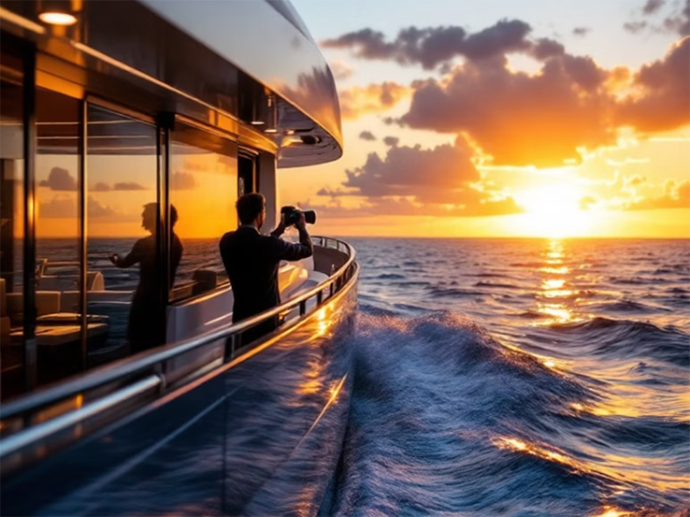 Person photographing a sunset from a yacht’s deck.