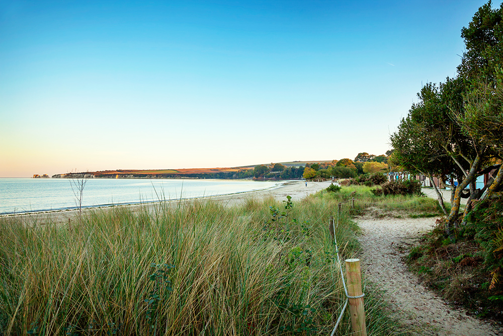 View over the beach and Old Harry Rocks at South beach, Studland, Dorset. Taken at dusk.