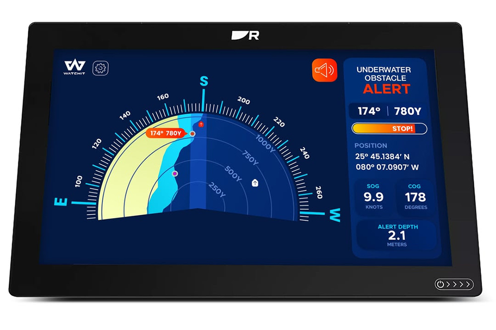 Raymarine Axiom display showing WATCHIT underwater obstacle alert with heading, depth warning, vessel speed and course data.