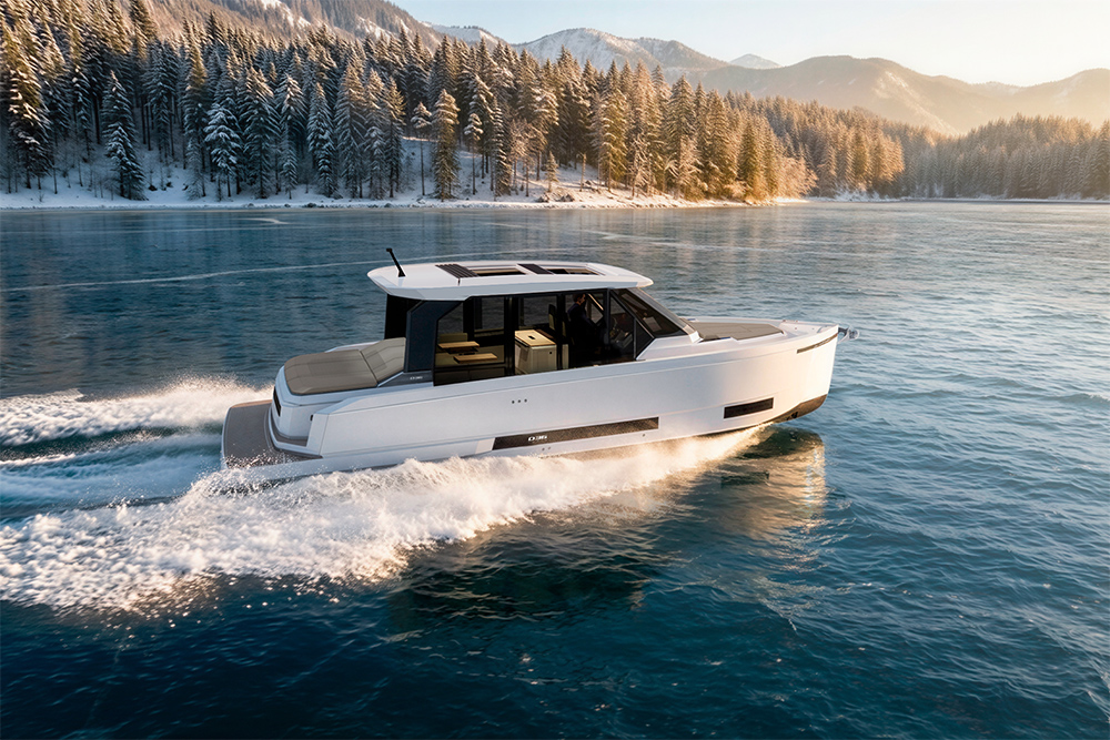 De Antonio D36 Cabin cruising on alpine lake, enclosed walkaround deckhouse built for cold climate, all-season boating.
