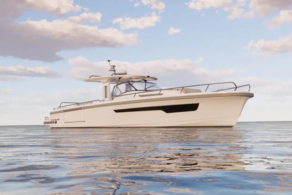 Nimbus 12 Series walkaround motorboat underway at sea, showcasing Scandinavian design, extended stern platform and refined helm layout.