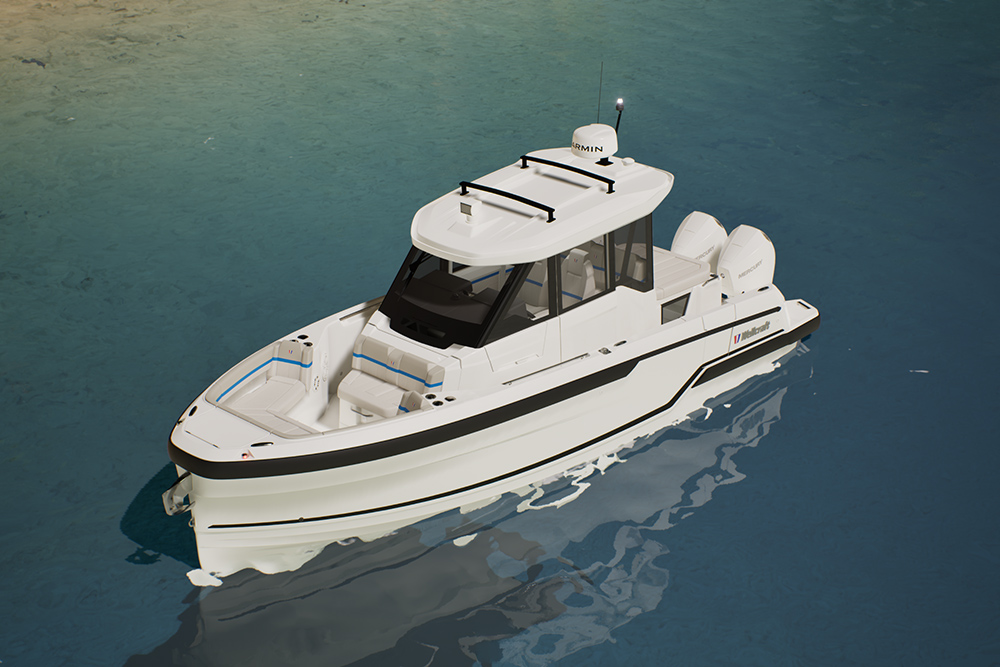 Wellcraft 28 Explorer with enclosed wheelhouse and twin outboards cruising on calm water.