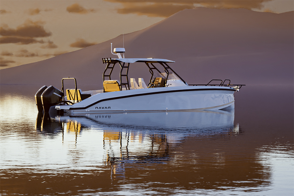 Navan T30 exploration boat at rest on calm water, featuring T-top, open deck layout and twin outboards.